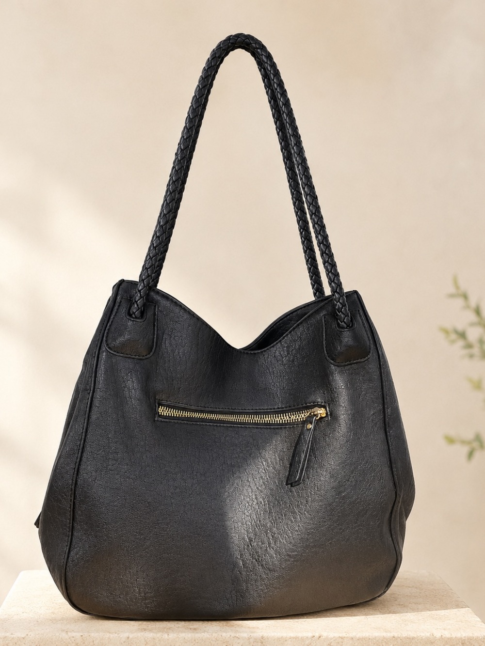 Antik Kraft Black Braided Strap Shoulder Tote Bag Gold Hardware